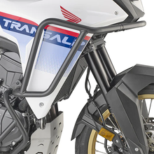 Load image into Gallery viewer, GIVI engine guards upper black HON motorcycle braces for engine protection, featuring sturdy metal construction and sleek black finish.