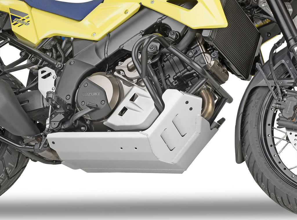 GIVI skid plate guard for Suzuki motorcycles, rugged black protective brace with mounting hardware visible in the image.