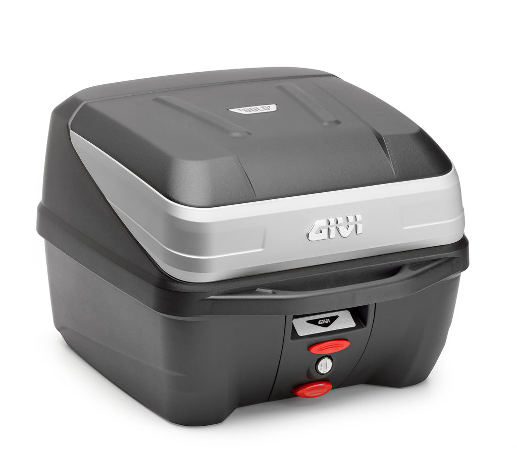 GIVI B32n Top Case in black and silver with hardware and fasteners for 32-liter motorcycle storage.