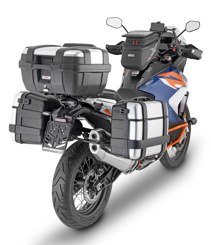 GIVI KTM side case hardware and fasteners for secure mounting, shown in close-up on a KTM motorcycle.