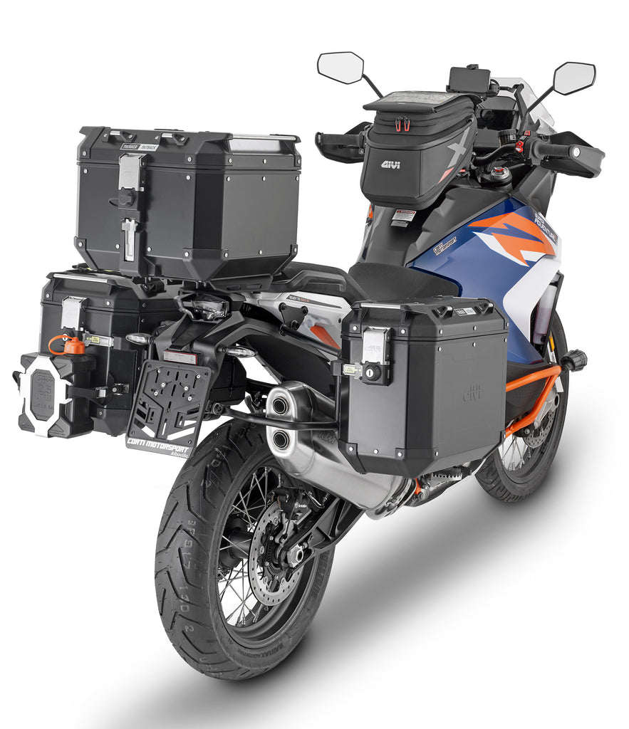 GIVI Outback side case hardware fittings for KTM motorcycles, including fasteners and mounting brackets.