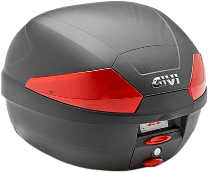 GIVI B29n2 top case with red lens, 29-liter capacity, mounted on motorcycle luggage rack, durable and weather-resistant.