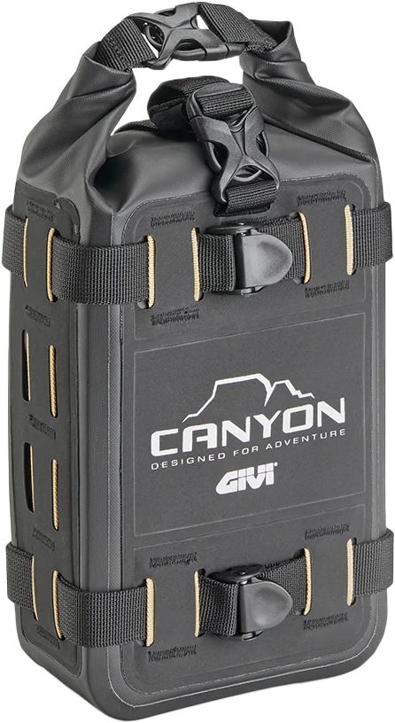 GIVI Canyon Adv Cargo Bag 4L black luggage mounted on motorcycle engine guard, designed for tail storage and adventure riding.