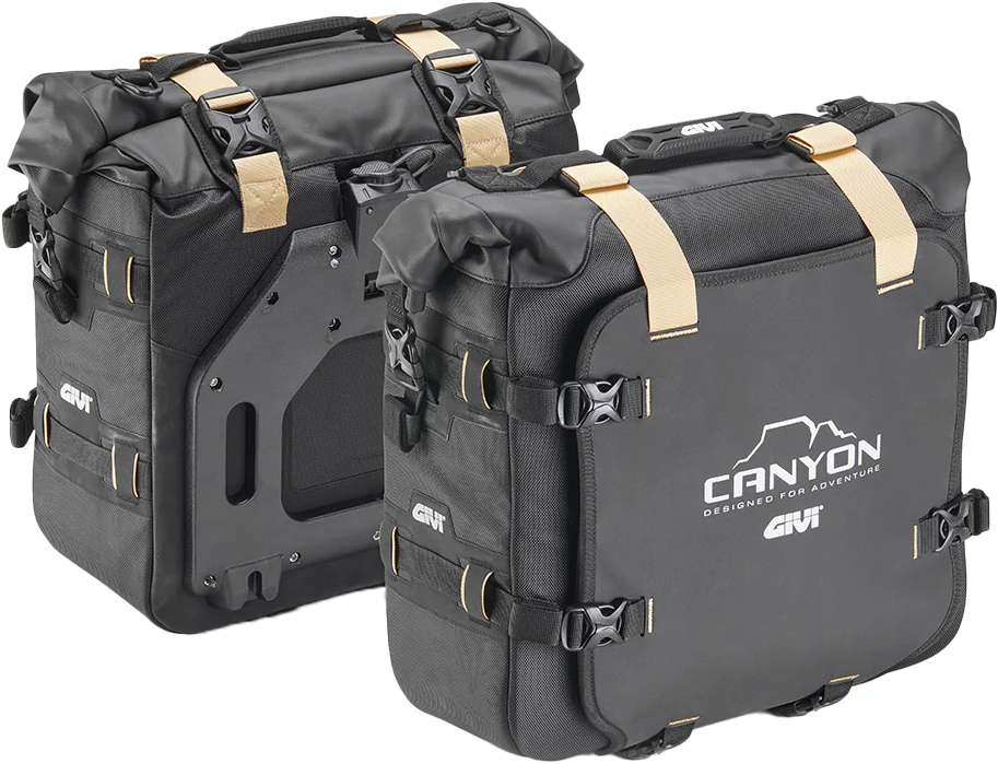 GIVI Canyon Adv Saddlebags 25L each in black, motorcycle luggage with secure mounting for adventure riding.