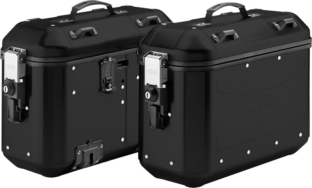 Pair of GIVI Dolomiti Monokey side cases in black, 36L luggage for motorcycle storage, shown from the side.