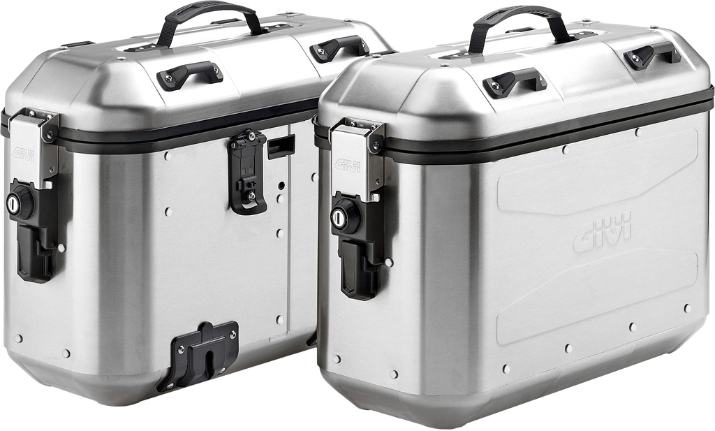 Pair of GIVI Dolomiti Monokey side cases in silver, 36L luggage for motorcycles, shown mounted on a bike.