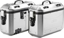 Pair of GIVI Dolomiti Monokey side cases in silver, 36L luggage for motorcycles, shown mounted on a bike.