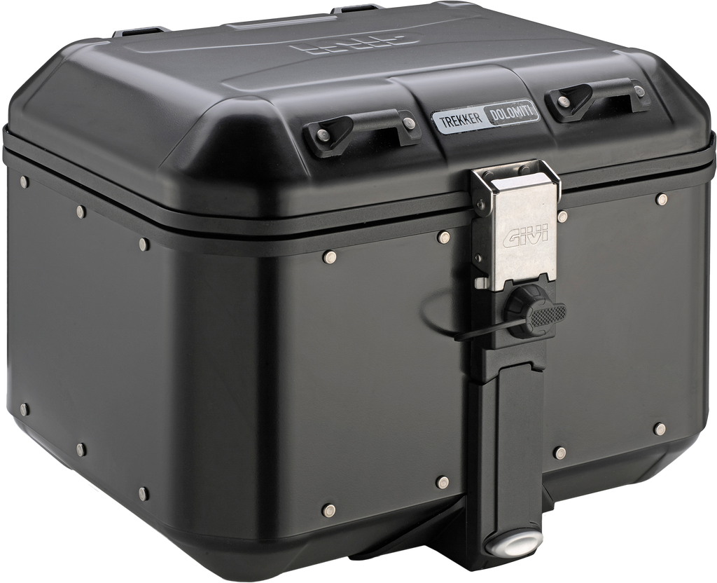 GIVI Dolomiti Monokey top case in black, 46L luggage for motorcycles, mounted on a bike for secure storage.