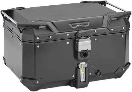 GIVI Outback Evo Smart Top Case 58L in black for motorcycle luggage, shown on a bike with secure mounting.