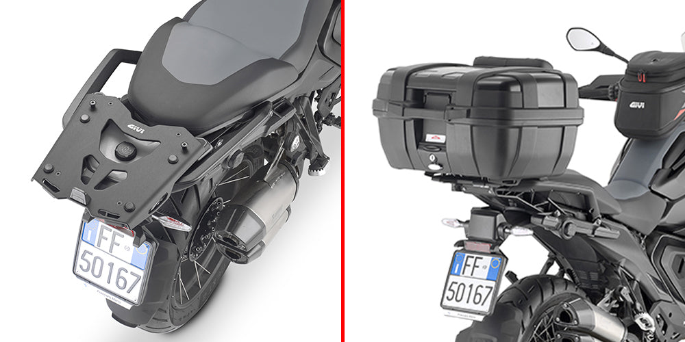 Black GIVI rear rack for BMW Monokey luggage system, designed for secure motorcycle luggage mounting.