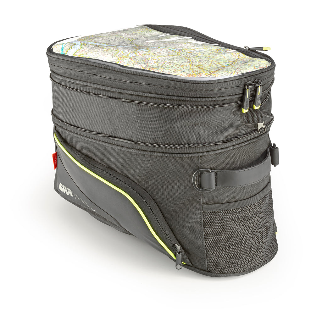 GIVI Tanklock 27L expandable motorcycle tank bag with secure mounting system, shown on a bike for durable luggage storage.