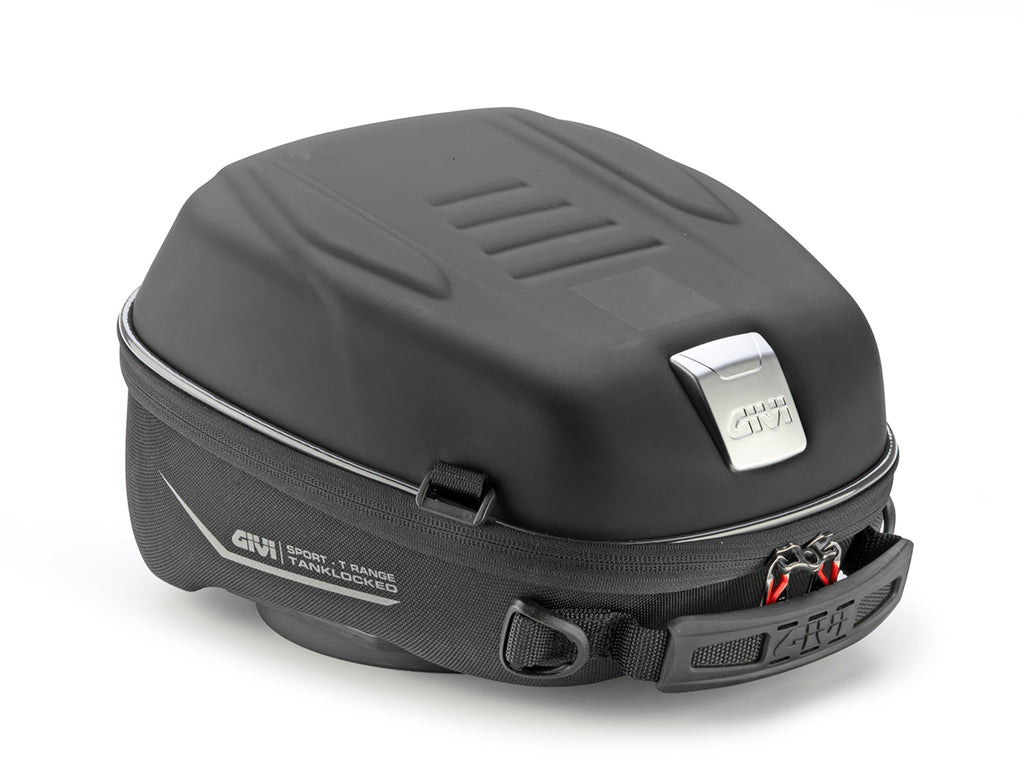 GIVI Tanklocked 5L black tank bag lockable luggage for motorcycles, shown mounted on a bike's tank.
