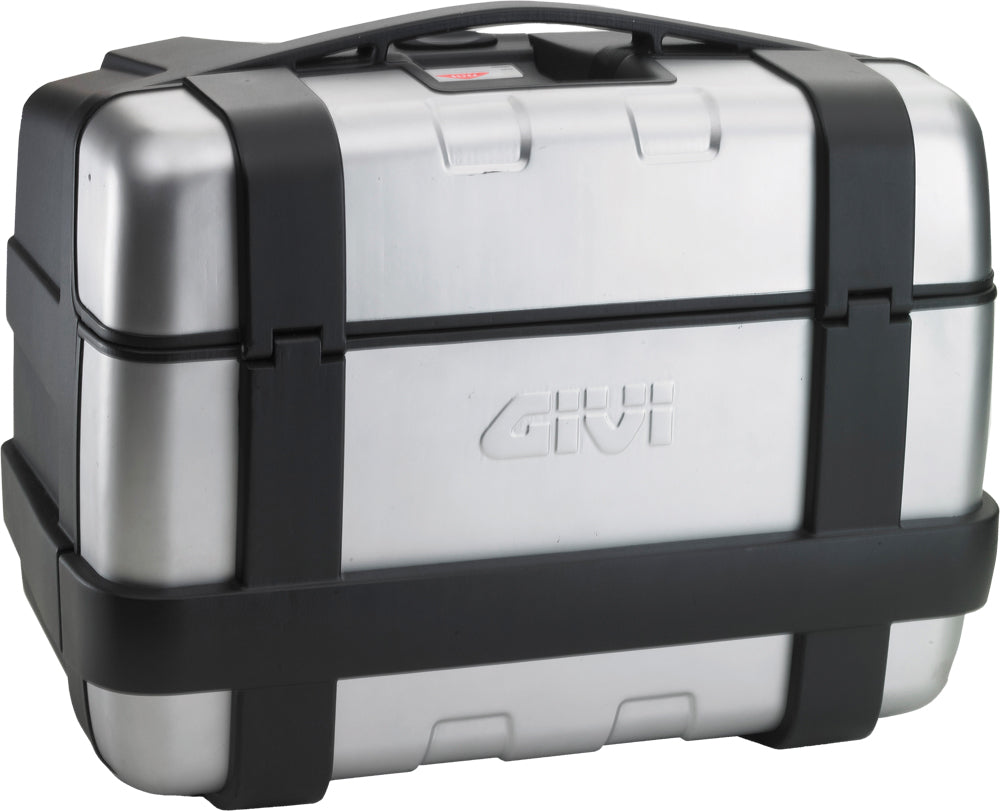 GIVI Trekker side case for motorcycle luggage, 46L capacity, black, with dimensions 20.7x12.2x16.2 inches, outdoor travel gear