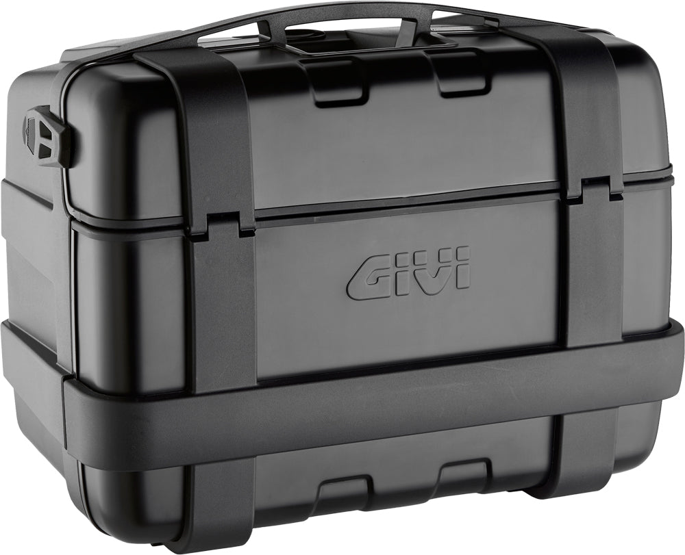 Black GIVI Trekker 46L side case for motorcycle luggage, showing 20.7x12.2x16.2-inch durable storage with secure mounting.