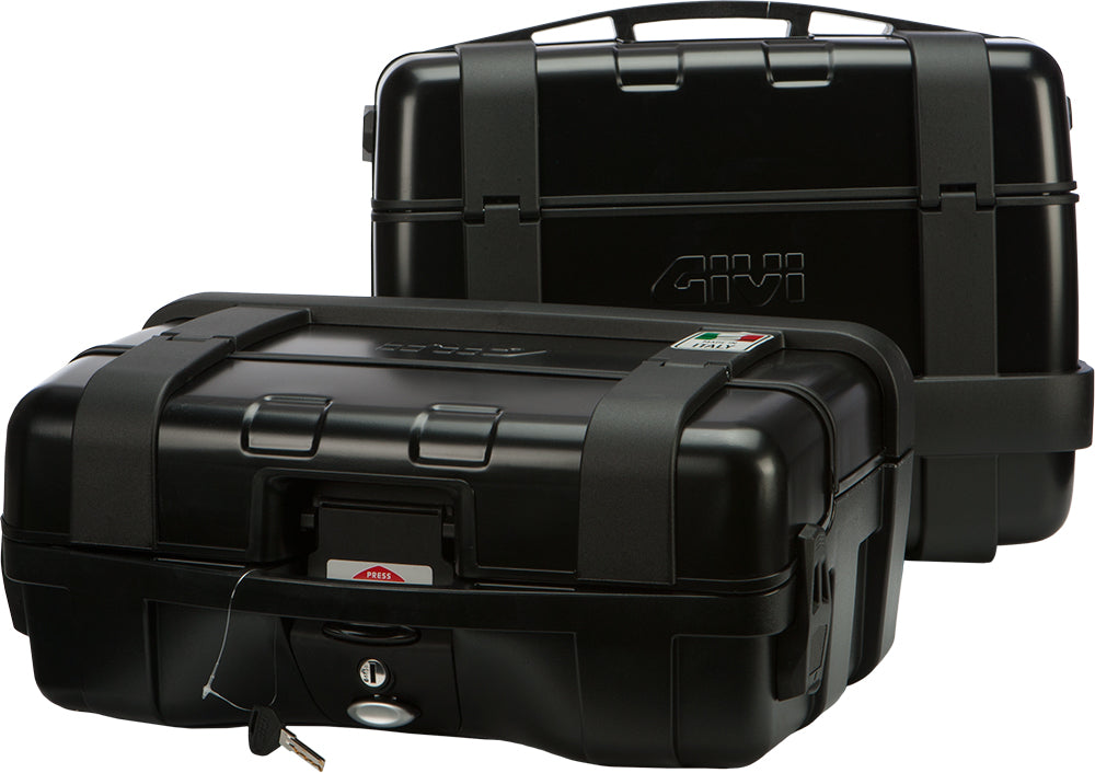 Pair of GIVI Trekker side cases in black, 33L motorcycle luggage with 20.7x9.5x16.2-inch dimensions, mounted on a bike.