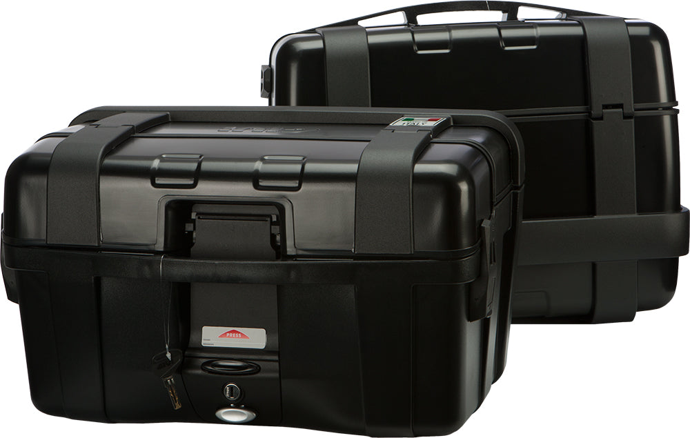 Pair of GIVI Trekker side cases in black, 46L luggage with dimensions 20.7x12.2x16.2 inches, shown from an angle.