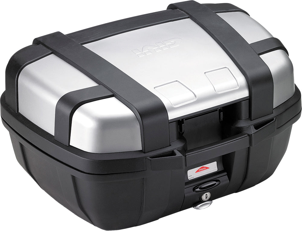 GIVI Trekker Top Case 52L motorcycle luggage with black hard shell, dimensions 23.6x12.4x18.1 inches, mounted on a bike.