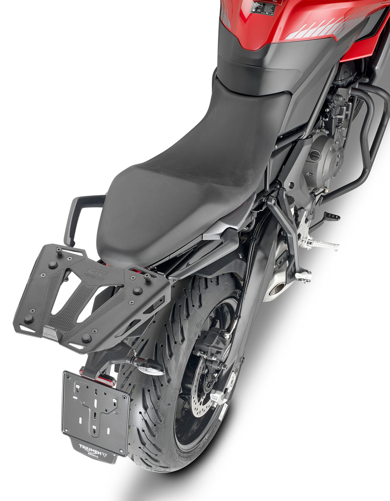 GIVI Monorack sidearms rear rack mounts for motorcycle, black metal brackets with mounting holes and hardware.