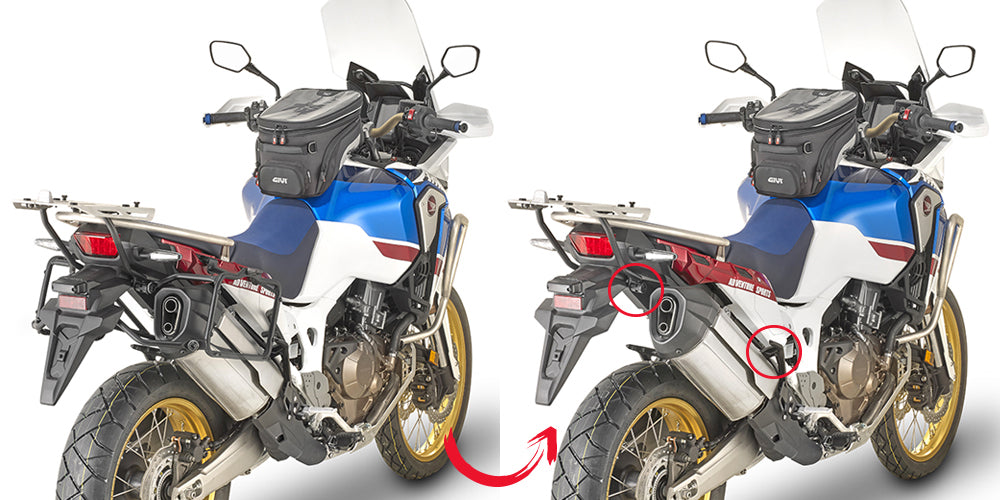 GIVI side case hardware mount bracket for motorcycle, durable metal construction with mounting points for secure attachment.
