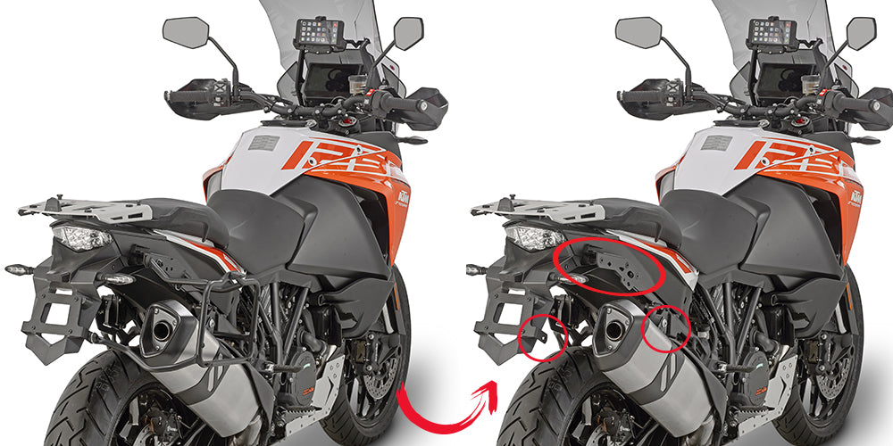 GIVI side case hardware mount brackets for motorcycle, shown in black with metal components for secure attachment.
