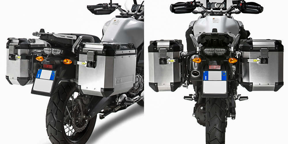 GIVI Outback side case hardware mounting brackets for motorcycle side cases, shown in black metal with mounting points.