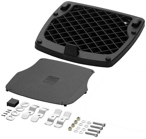 GIVI top case hardware mount bracket for motorcycle luggage, shown in metal with mounting points and secure attachment features.