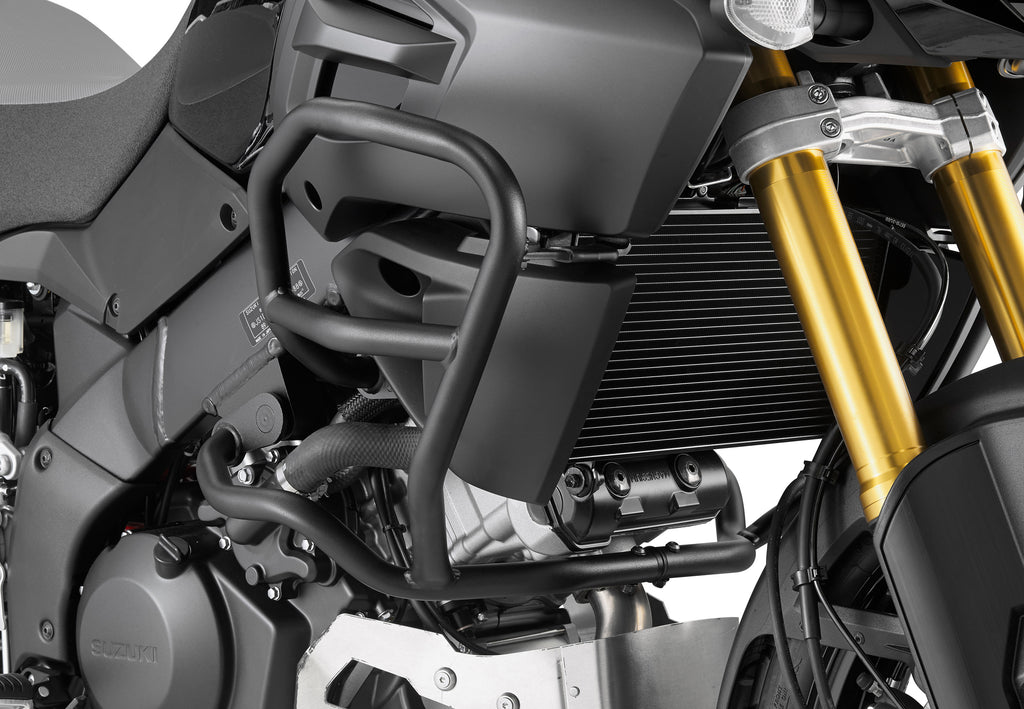 GIVI engine guards for motorcycles, black metal guards with mounting brackets, designed to protect engine components.
