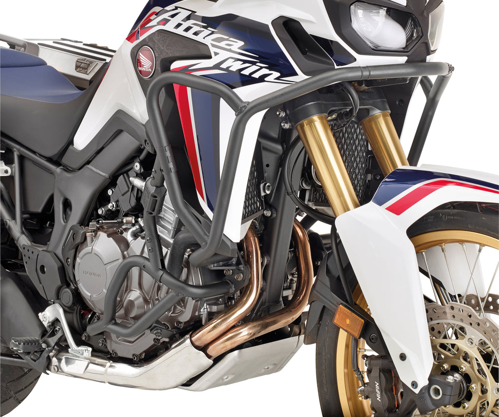 GIVI engine guards for motorcycle, black metal protective bars designed to shield engine components.