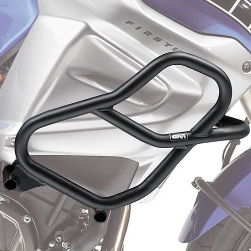 GIVI engine guards in black, designed to protect motorcycle engine from debris and impacts, mounted on bike frame.