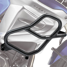 Load image into Gallery viewer, GIVI engine guards in black, designed to protect motorcycle engine from debris and impacts, mounted on bike frame.