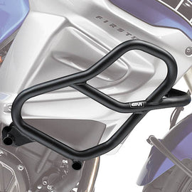 GIVI engine guards in black, designed to protect motorcycle engine from debris and impacts, mounted on bike frame.