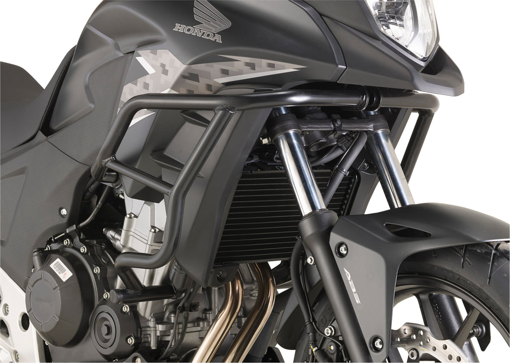 Black GIVI engine guards designed for HON motorcycles, providing protection and durability for engine components.