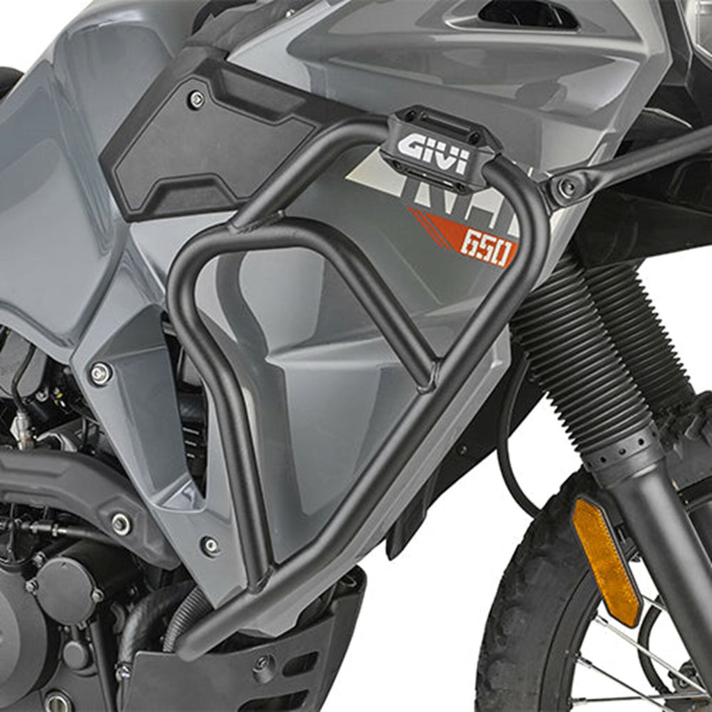 Black GIVI engine guards for Kawasaki motorcycles, designed to protect the engine and enhance bike durability.