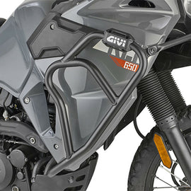 Black GIVI engine guards for Kawasaki motorcycles, designed to protect the engine and enhance bike durability.