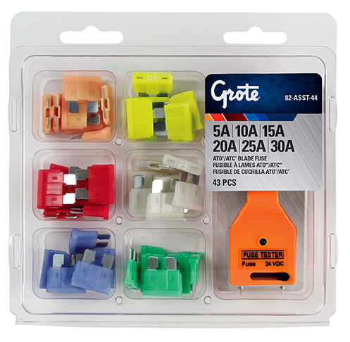 Grote ATC fuse assessment pack with 42 electrical fuses in a compact package for automotive or electrical applications.