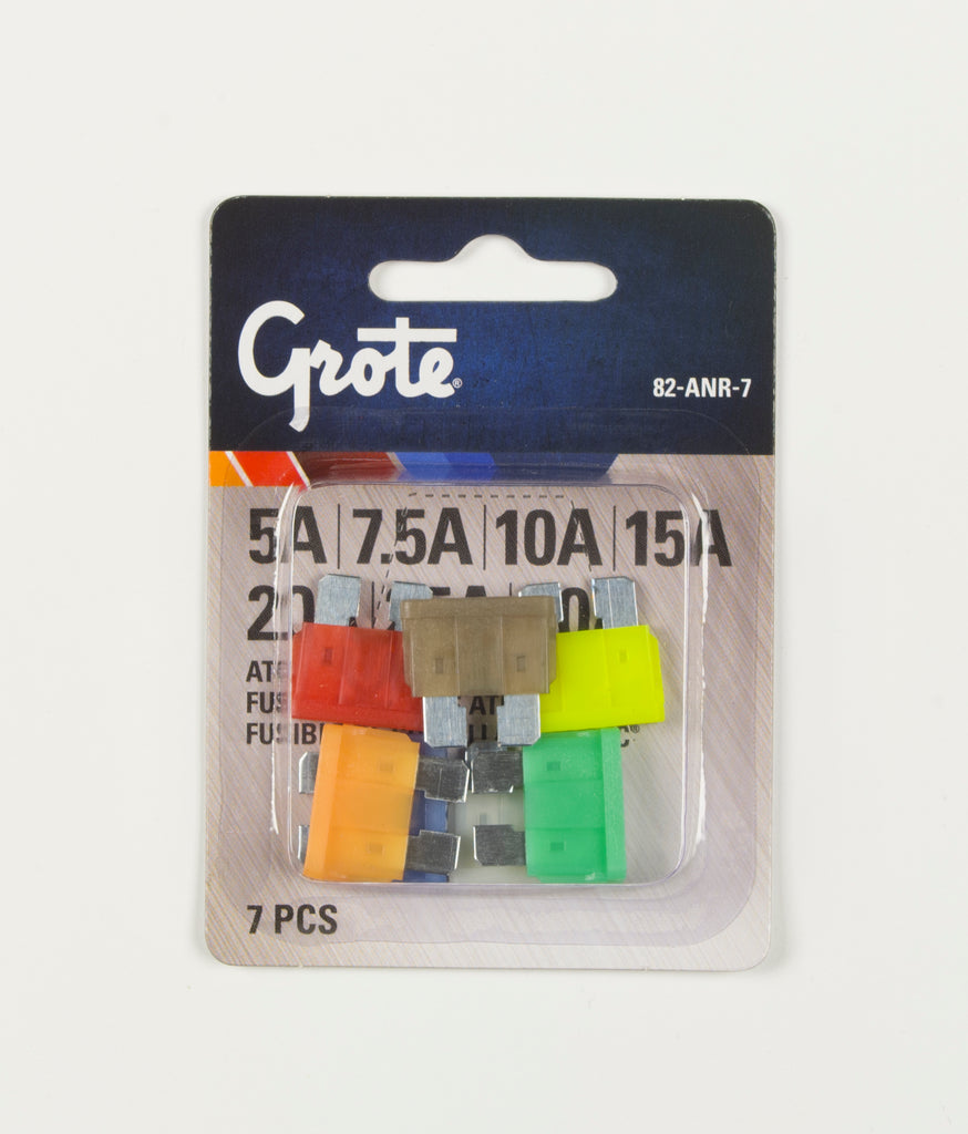 Grote ATC fuse assessment pack with seven electrical fuses, featuring compact design and clear labeling for circuit protection.