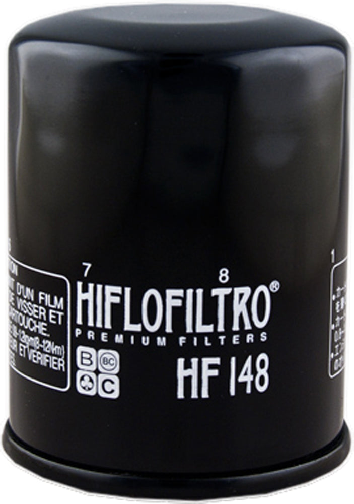 Hiflofiltro Oil Filter 550-0148 for motorcycle engines, showing the cylindrical filter with branded packaging in the image.