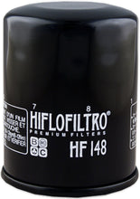 Load image into Gallery viewer, Hiflofiltro Oil Filter 550-0148 for motorcycle engines, showing the cylindrical filter with branded packaging in the image.