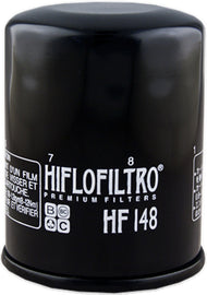 Hiflofiltro Oil Filter 550-0148 for motorcycle engines, showing the cylindrical filter with branded packaging in the image.