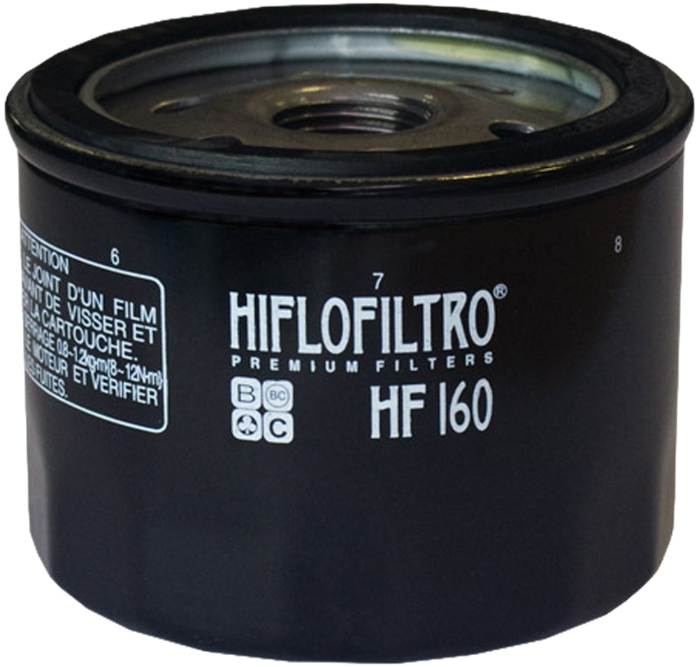 Hiflofiltro Oil Filter 550-0160, a replacement oil filter for motorcycles, showing the black cylindrical filter with brand markings.
