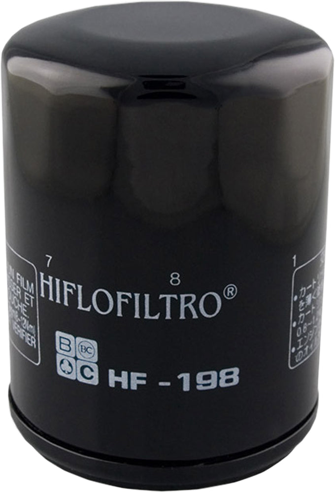 Hiflofiltro Oil Filter 550-0198 for motorcycles, showing the cylindrical filter with brand markings and metal end caps.