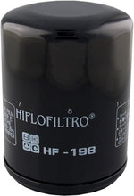 Load image into Gallery viewer, Hiflofiltro Oil Filter 550-0198 for motorcycles, showing the cylindrical filter with brand markings and metal end caps.