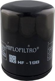 Hiflofiltro Oil Filter 550-0198 for motorcycles, showing the cylindrical filter with brand markings and metal end caps.