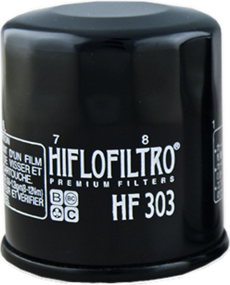 Hiflofiltro Oil Filter 550-0303, a replacement oil filter for motorcycles, with metal casing and filter element visible.