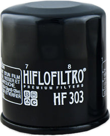 Hiflofiltro Oil Filter 550-0303, a replacement oil filter for motorcycles, with metal casing and filter element visible.