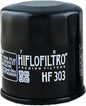 Hiflofiltro Oil Filter 550-0303, a replacement oil filter for motorcycles, with metal casing and filter element visible.
