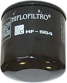 Hiflofiltro Oil Filter 550-0554 for motorcycle engines, showing the round metal filter with brand markings.