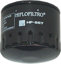 Load image into Gallery viewer, Hiflofiltro Oil Filter 550-0557 for motorcycle engines, showcasing the black cylindrical filter element with Hiflofiltro branding.