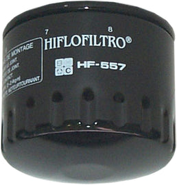 Hiflofiltro Oil Filter 550-0557 for motorcycle engines, showcasing the black cylindrical filter element with Hiflofiltro branding.