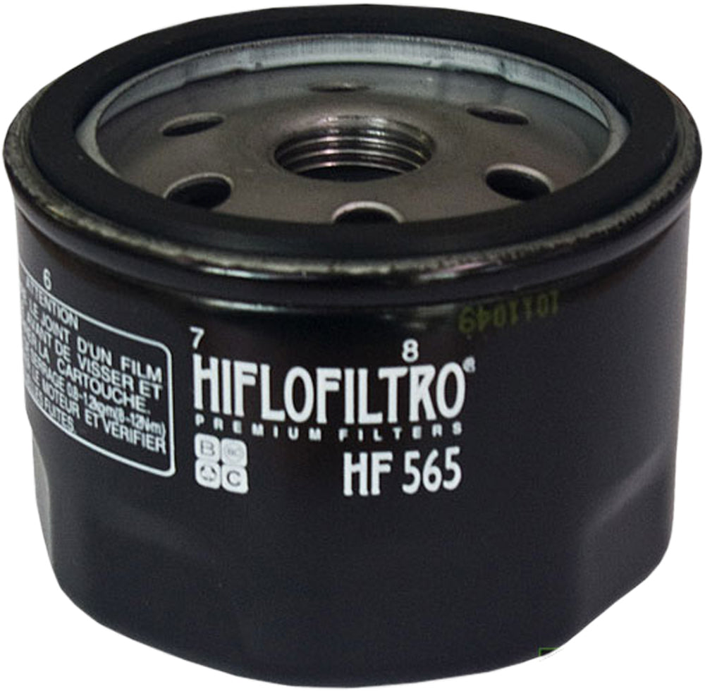 Hiflofiltro Oil Filter 550-0565 for motorcycle, showing the cylindrical filter with branding and specifications.